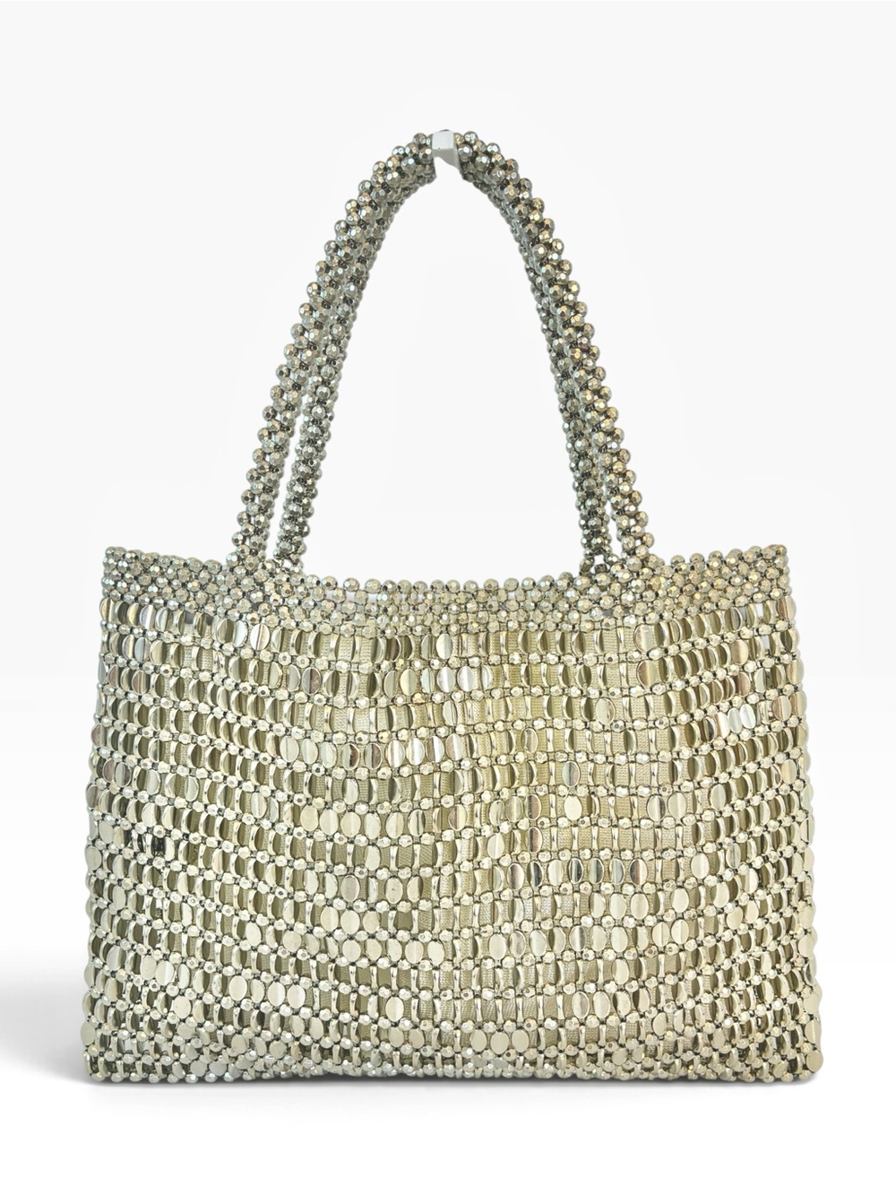 Handmade Silver Beaded Rhinestone Tote Bag Metallic Statement Bag